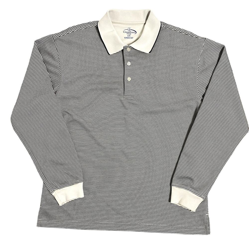 Champions Tour Polo Golf Shirt Men’s‎ Large Gray Striped Logo Preppy